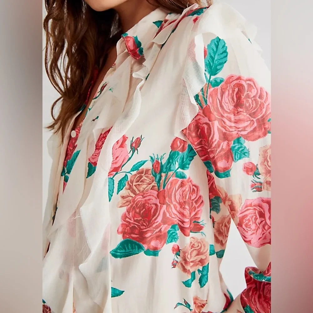Free People Charlotte Ruffle Button Down Top Size XS Floral Oversized Boho Chic - Picture 1 of 10